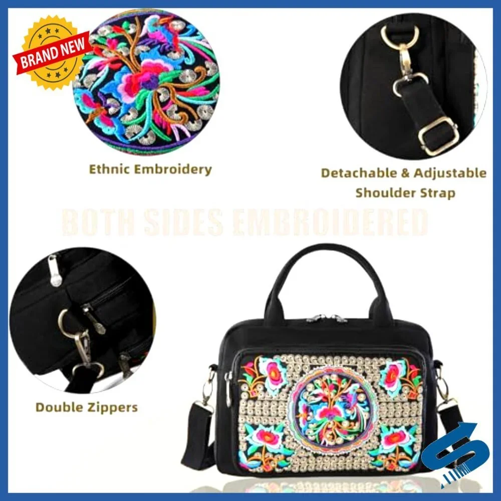 Embroidered Canvas Crossbody Bag Top Handle Handbag Chic Boho Casual